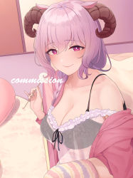 Rule 34 | 1girl, absurdres, animal ears, babydoll, bad id, bad twitter id, black bra, bra, braid, breasts, character request, cleavage, closed mouth, collarbone, commentary request, commission, copyright request, english text, highres, hitsujimusume meme, horns, indie virtual youtuber, indoors, kuyukian3, large breasts, lingerie, looking at viewer, medium hair, mimikaki, off shoulder, pink eyes, pink hair, see-through, sheep ears, sheep girl, sheep horns, smile, thighhighs, underwear, virtual youtuber