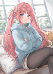 Rule 34 | 1girl, black pantyhose, blue eyes, blue hoodie, blurry, blurry background, blush, bow, commentary request, couch, crossed arms, crossed legs, depth of field, drawstring, feet out of frame, grey shorts, hair bow, hair ornament, hairclip, highres, hood, hood down, hoodie, indoors, kurasawa moko, long hair, long sleeves, on couch, original, pantyhose, pillow, pink hair, puffy long sleeves, puffy sleeves, short shorts, shorts, sleeves past wrists, solo, twintails, very long hair, white bow, window