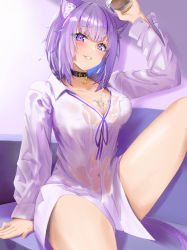 Rule 34 | 1girl, absurdres, animal ear fluff, animal ears, black choker, blue hair, breasts, cat ears, cat girl, cat tail, choker, cleavage, collared shirt, colored inner hair, couch, highres, hololive, knee up, large breasts, long sleeves, multicolored hair, navel, necktie, nekomata okayu, nekomata okayu (oversized shirt), on couch, pouring, pouring onto self, purple eyes, purple hair, purple ribbon, ribbon, see-through, shirt, sitting, solo, tail, torakichi 888, virtual youtuber, wet, wet clothes, wet shirt, white shirt