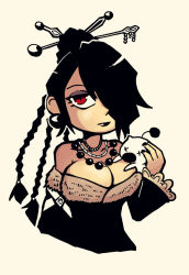 Rule 34 | 1girl, bare shoulders, black dress, black hair, black lips, braid, breasts, chibi, cleavage, closed mouth, commentary, dress, earrings, english commentary, final fantasy, final fantasy x, grey background, hair ornament, hair over one eye, hairpin, jewelry, jitome, large breasts, lipstick, long sleeves, looking at viewer, lulu (ff10), makeup, necklace, one eye covered, red eyes, setz, simple background, solo