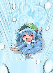Rule 34 | 1girl, absurdres, aqua hair, blush, boots, closed eyes, female focus, foreshortening, from above, hair bobbles, hair ornament, hat, head tilt, highres, kawashiro nitori, key, open hand, open mouth, outstretched arms, rain, ripples, rubber boots, shinapuu, short hair, skirt, skirt set, solo, splashing, spread arms, strap, touhou, twintails, two side up, walking