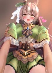 Rule 34 | 1girl, absurdres, breasts, brown hair, commentary request, dress, gtwgtpkai, hair ornament, half updo, heart, highres, holding hands, horse girl, implied sex, long hair, looking at viewer, open mouth, pov, satono diamond (umamusume), sleeves past wrists, sweatdrop, umamusume, yandere