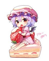 Rule 34 | 1girl, bad id, bad twitter id, bat wings, blue hair, cake, eating, fang, food, frilled shirt, frilled sleeves, frills, fruit, hat, hat ribbon, mini person, minigirl, mob cap, pointy ears, puffy short sleeves, puffy sleeves, red eyes, red ribbon, remilia scarlet, ribbon, ribbon trimmed, shirt, shnva, short sleeves, solo, strawberry, touhou, translation request, wings, wrist cuffs