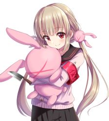 Rule 34 | &gt; &lt;, 1girl, :d, > <, absurdres, alternate costume, armband, blonde hair, blush, rabbit hair ornament, commentary request, fang, fang out, hair ornament, highres, hug, knife, long hair, looking at viewer, low twintails, natori sana, hugging object, open mouth, rariemonn, red eyes, sana channel, school uniform, simple background, smile, solo, stuffed animal, stuffed rabbit, stuffed toy, sweater, twintails, very long hair, virtual youtuber, white background, xd