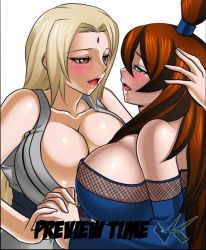 Rule 34 | 2girls, bare shoulders, blonde hair, blush, breasts, brown hair, cleavage, jadenkaiba, large breasts, looking at another, multiple girls, naruto (series), naruto shippuuden, simple background, terumi mei, tsunade (naruto), upper body, white background, yuri