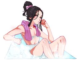 Rule 34 | 1other, androgynous, bath, bathing, black hair, dungeonbgm, guilty gear, guilty gear strive, highres, long hair, looking at viewer, navel, other focus, pectorals, red eyes, testament (guilty gear), towel