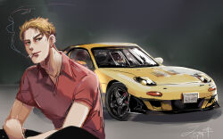 Rule 34 | 1boy, black pants, blonde hair, car, chinese commentary, cigarette, collared shirt, dated, green eyes, hair behind ear, highres, initial d, license plate, male focus, mazda, mazda rx-7, mazda rx-7 fd, motor vehicle, mouth hold, pants, red shirt, shadow, shirt, short hair, signature, sketch, smile, smoking, solo, sports car, takahashi keisuke, takahashi keisuke&#039;s mazda rx-7 fd, vehicle focus, xiaobu-j.us