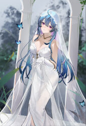 Rule 34 | 1girl, absurdres, ahoge, azur lane, bare shoulders, blue hair, bridal gauntlets, bridal veil, bride, bug, butterfly, clenched teeth, collar, covered navel, dress, flantia, gloves, hair between eyes, helena (azur lane), helena (miracle in white) (azur lane), highres, insect, long hair, looking at viewer, official alternate costume, open mouth, parted lips, purple eyes, solo, strapless, strapless dress, teeth, veil, wedding dress, white dress, white gloves