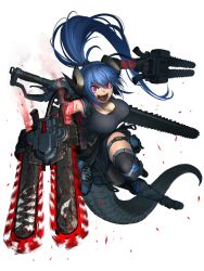 Rule 34 | 1girl, black skirt, black tank top, blue hair, boots, breasts, chain paradox, chainsword, dual wielding, full body, hetza (hellshock), holding, horns, knee boots, large breasts, lizard tail, long hair, looking at viewer, open mouth, pink eyes, ponytail, sharp teeth, shouting, skirt, solo, tail, tank top, teeth, thighhighs, transparent background, very long hair