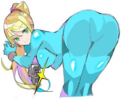 Rule 34 | 1girl, bent over, blonde hair, blue bodysuit, bodysuit, breasts, closed mouth, covered erect nipples, enpe, green eyes, gun, handgun, holding, holding gun, holding weapon, large breasts, long hair, metroid, mole, mole under mouth, nintendo, ponytail, samus aran, simple background, smile, solo, weapon, white background, zero suit