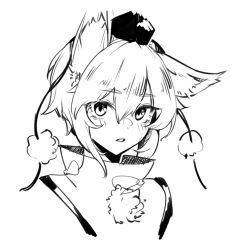 Rule 34 | 1641 (chfhrtor94), 1girl, animal ear fluff, animal ears, commentary request, cropped torso, hat, inubashiri momiji, korean commentary, looking at viewer, monochrome, open mouth, pom pom (clothes), short hair, simple background, solo, tokin hat, touhou, white background, white hair, wolf ears, wolf girl