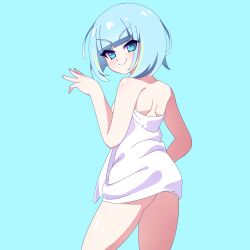 Rule 34 | 1girl, blue eyes, blue hair, cross (vgne4542), highres, jelly hoshiumi, looking back, phase connect, short hair, simple background, smile, solo, towel