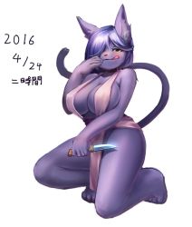 Rule 34 | 1girl, breasts, brown eyes, cat, cleavage, female focus, full body, furry, furry female, hair over one eye, knife, large breasts, licking lips, long hair, ni jikan, purple hair, simple background, solo, tail, tongue, tongue out, weapon, white background