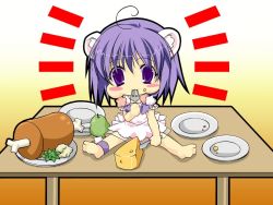 Rule 34 | 1girl, :3, ahoge, animal ears, anklet, blush, boned meat, chibi, chibi only, eating, food, food on face, game cg, hatsune (relict), jewelry, meat, minazuki haruka, mouse ears, plate, purple eyes, purple hair, relict ~toki no wasuremono~, sitting, solo, spread legs, utensil in mouth