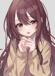 Rule 34 | 1girl, blush, brown cardigan, brown hair, cardigan, commentary, furrowed brow, grey background, highres, idolmaster, idolmaster shiny colors, long hair, looking at viewer, osaki tenka, own hands together, school uniform, shu10, simple background, solo, straight hair, upper body, very long hair