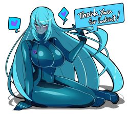 Rule 34 | blue eyes, blue hair, blue skin, blush, breasts, colored skin, dark samus, heart, iriomote umineko, large breasts, long hair, looking at viewer, metroid, nintendo, skin tight, smile, speech bubble, symbol, thick thighs, thighs, zero suit