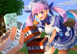 Rule 34 | 1girl, anchor symbol, braid, breasts, cleavage, cloud, colored inner hair, commentary, creeper, crossover, day, drill hair, explosive, food, grass, hair ribbon, hololive, konkito, long hair, maid headdress, minato aqua, minato aqua (1st costume), minecraft, multicolored hair, open mouth, purple eyes, purple hair, ribbon, sky, solo, tnt, tnt block (minecraft), tree, twin drills, virtual youtuber