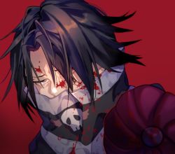 Rule 34 | 1boy, bandana, bandana over mouth, black hair, blood, blood on clothes, blood on face, commentary, covered mouth, feitan portor, grey eyes, hair over one eye, hunter x hunter, looking at viewer, male focus, parted bangs, portrait, print bandana, purple umbrella, red background, sainome (tonton pix), short hair, simple background, skull print, solo, umbrella