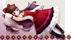 Rule 34 | 1girl, arm up, armpits, ascot, boots, bow, brown eyes, brown hair, cross-laced footwear, detached sleeves, dress, female focus, hair bow, hakurei reimu, highres, japanese clothes, lace-up boots, miko, ofuda, purple eyes, solo, touhou, yori, yori (shitsuon)
