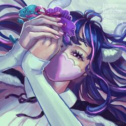 Rule 34 | 1girl, 2022, affogato921, blue cape, blue hair, cape, collared shirt, commentary request, dinosaur, eyelashes, fur trim, happy birthday, highres, holding, horns, long hair, long sleeves, lying, mask, mouth mask, on back, one piece, pink mask, pink nails, purple eyes, purple ribbon, ribbon, shirt, striped hair, toy, ulti (one piece), upper body, white horns, white shirt
