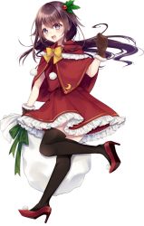 Rule 34 | 1girl, black thighhighs, blush, brown gloves, brown hair, cape, crescent, crescent pin, full body, gloves, high heels, kantai collection, kisaragi (kancolle), kusada souta, long hair, official art, open mouth, pom pom (clothes), purple eyes, red cape, red footwear, sack, santa costume, smile, solo, thighhighs, transparent background