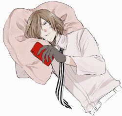 Rule 34 | 1boy, akechi gorou, brown eyes, brown hair, closed mouth, collared shirt, commentary request, frown, gloves, grey gloves, hair over one eye, highres, holding, holding phone, kaisen (kaisen inari), long sleeves, looking at phone, lying, male focus, necktie, on side, persona, persona 5, phone, pillow, shirt, solo, striped necktie, vertical-striped clothes, vertical-striped necktie, white background, white shirt