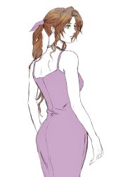 Rule 34 | 1girl, aerith gainsborough, bare arms, braid, breasts, brown hair, choker, dress, eni (yoyogieni), final fantasy, final fantasy vii, final fantasy vii remake, from behind, green eyes, hair over shoulder, hair ribbon, highres, jewelry, long hair, mature female, medium breasts, necklace, parted bangs, parted lips, pink dress, pink ribbon, ribbon, sidelocks, solo, square enix, upper body, wavy hair, white background
