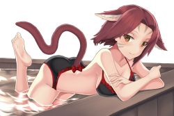 Rule 34 | 1girl, animal ears, warrior of light (ff14), barefoot, bikini, black bikini, bow, breasts, brown eyes, brown hair, cat ears, cat girl, cat tail, cleavage, closed mouth, collarbone, facial mark, final fantasy, final fantasy xiv, looking at viewer, medium breasts, miqo&#039;te, red bow, short hair, sideboob, simple background, smile, soles, solo, sonzai soumei, swimsuit, tail, white background