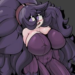 Rule 34 | 1girl, bare shoulders, blush, breasts, cleavage, covered navel, creatures (company), game freak, hairband, hex maniac (pokemon), huge breasts, long hair, looking at viewer, nintendo, npc trainer, open mouth, plump, pokemon, pokemon xy, purple eyes, purple hair, solo, very long hair