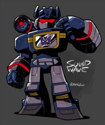 Rule 34 | 1980s (style), 1boy, assault visor, buttons, cassette player, chibi, clenched hand, decepticon, evil, male focus, mecha, oldschool, open hand, rariatto (ganguri), red eyes, retro artstyle, robot, shading, shading mismatch, shoulder cannon, soundwave (transformers), symbol, transformers, twitter username, visor, weapon