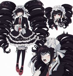 Rule 34 | 1girl, big hair, black hair, black skirt, black thighhighs, bonnet, card, celestia ludenberg, chibi, commentary, criis-chan, danganronpa: trigger happy havoc, danganronpa (series), drill hair, earrings, english commentary, frilled skirt, frills, full body, gothic lolita, holding, impossible hair, jacket, jewelry, layered skirt, lolita fashion, long hair, long sleeves, looking at viewer, nail polish, necktie, playing card, pointing, pointing at self, red eyes, red footwear, red neckwear, shoes, simple background, skirt, smile, thighhighs, twin drills, twintails, very long hair