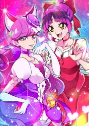 Rule 34 | 2girls, :d, absurdres, animal ears, bow, brooch, cat ears, cat girl, cat tail, choker, claw pose, commentary request, crossover, cure macaron, dress, earrings, elbow gloves, fang, food, food-themed hair ornament, gegege no kitarou, gloves, hair bow, hair bun, hair ornament, hand on own hip, heart, highres, jewelry, kirakira precure a la mode, light particles, long hair, looking at viewer, macaron, magical girl, mitsuki tayura, multiple girls, nekomusume, nekomusume (gegege no kitarou 6), official style, open mouth, parted lips, partial commentary, pinafore dress, pointy ears, precure, puffy short sleeves, puffy sleeves, purple dress, purple eyes, purple hair, red bow, red choker, red dress, shirt, short dress, short sleeves, sky, sleeveless, sleeveless dress, smile, sparkle, standing, star (sky), starry sky, stud earrings, tail, wavy hair, white gloves, white shirt, yellow eyes