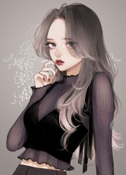Rule 34 | 1girl, crop top, eyelashes, frills, gradient hair, grey eyes, hand to own mouth, light brown hair, lips, lipstick, long hair, looking at viewer, makeup, mole, mole under eye, multicolored hair, nail polish, original, parted bangs, parted lips, red lips, red nails, see-through, see-through shirt, takenaka