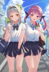 Rule 34 | 2girls, :d, :q, absurdres, bag, black skirt, blue hair, bow, bowtie, food, grey hair, highres, holding, holding food, hololive, mei am0, minato aqua, multiple girls, murasaki shion, open mouth, pink eyes, pink hair, shirt, shoulder bag, skirt, smile, striped bow, striped bowtie, striped clothes, tongue, tongue out, virtual youtuber, white shirt, yellow eyes