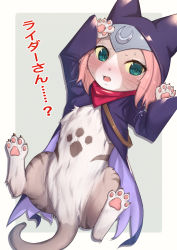 Rule 34 | 1girl, blue eyes, blush, border, colored sclera, female focus, furry, furry female, headband, highres, hood, looking at viewer, lying, monster hunter (series), monster hunter stories 2, neckerchief, on back, open mouth, pawpads, solo, sweat, tsukino (monster hunter), uneg, whiskers, white border, yellow sclera
