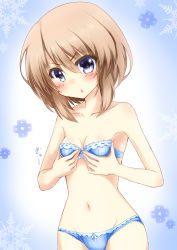 Rule 34 | 10s, 1girl, absurdres, bad id, bad pixiv id, blanc (neptunia), blue bra, blue eyes, blue panties, blush, bow, bow bra, bow panties, bra, breast conscious, breasts, brown hair, collarbone, d-pad, gradient background, groin, highres, navel, neptune (series), open mouth, panties, short hair, small breasts, snowflakes, solo, underwear, underwear only, zero-theme