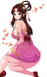 Rule 34 | 1girl, backless dress, backless outfit, bare shoulders, brown hair, chinese clothes, commission, commissioner upload, dress, facial mark, flower, forehead mark, hair flower, hair ornament, hair rings, hero&#039;s adventure road of passion, high heels, highres, leaf, leaf background, ling mengdie (hero&#039;s adventure road of passion), long hair, lying, multicolored hair, non-web source, parted lips, pixiv commission, purple eyes, rantia, sash, solo, streaked hair, teeth
