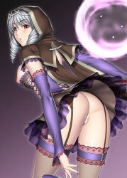 Rule 34 | 1girl, ass, blush, breasts, cape, capelet, censored, corset, detached sleeves, drill hair, frills, from behind, garter belt, garter straps, gem, hood, jewelry, kansuke, lace, lace-trimmed legwear, lace trim, large breasts, lips, long hair, looking back, miniskirt, nail polish, nipples, no panties, orb, parted lips, pearl (gemstone), pointless censoring, pussy, red eyes, silver hair, skirt, solo, soul calibur, soulcalibur, soulcalibur v, thighhighs, twin drills, viola (soulcalibur)