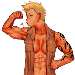 Rule 34 | 1girl, abs, biceps, blonde hair, borrowed character, breasts, breasts apart, brown vest, cessa, commission, flexing, hand on own hip, heart, muscular, muscular female, navel, no bra, original, profile, short hair, simple background, solo, tattoo, upper body, vest, white background