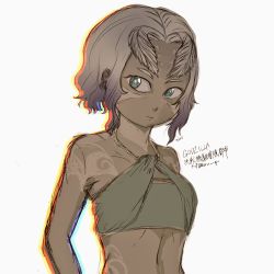 Rule 34 | 1girl, antennae, artist request, blue eyes, breasts, cleavage, dark skin, godzilla: city on the edge of battle, godzilla (series), houtua, looking at viewer, maina, miana, monster girl, multicolored hair, polygon pictures, revealing clothes, small breasts, tattoo, toho, tribal, tribal tattoo, two-tone hair