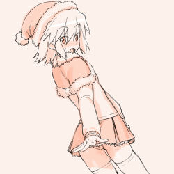 Rule 34 | 1girl, ass, blush, bobblehat, capelet, character name, covering privates, covering crotch, cowboy shot, dutch angle, from behind, fur trim, hat, ikezawa shin, long sleeves, looking at viewer, looking back, minis, monochrome, nose blush, orange theme, outstretched arm, panties, pantyshot, pink background, pink theme, pleated skirt, santa costume, santa hat, simple background, skirt, solo, standing, summon night, summon night 2, surprised, sweatdrop, sweater, thighhighs, underwear