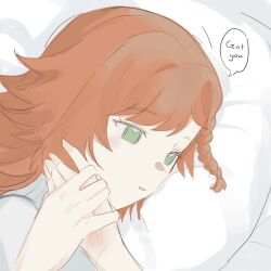 Rule 34 | 2girls, blush, blush visible through hair, braid, commentary, english commentary, english text, green eyes, hand blush, hand grab, highres, holding, light smile, multiple girls, nelizx, on bed, open mouth, orange hair, parted bangs, pillow, reverse:1999, shirt, side braid, sonetto (reverse:1999), speech bubble, white shirt