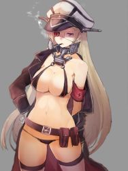 Rule 34 | 10s, 1girl, alternate costume, anchor, armband, belt, belt skirt, bikini, bismarck (kancolle), black bikini, blonde hair, blue eyes, breasts, cleavage, cowboy shot, eyepatch, gloves, hand on own hip, hat, impossible clothes, impossible swimsuit, jacket, kantai collection, large breasts, long hair, micro bikini, navel, open clothes, open jacket, peaked cap, smoking pipe, smoke, solo, sumisu (mondo), swimsuit, thigh strap, very long hair, white gloves