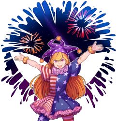 Rule 34 | 1girl, american flag dress, american flag legwear, blonde hair, clownpiece, commentary, cowboy shot, english commentary, fairy wings, fireworks, fourth of july, frills, hat, highres, horizontal-striped legwear, jester cap, long hair, mefomefo, neck ruff, open mouth, outstretched arms, pantyhose, polka dot, pom pom (clothes), purple eyes, round teeth, short sleeves, smile, solo, spread arms, star (symbol), striped clothes, striped pantyhose, teeth, touhou, wide sleeves, wings, wristband