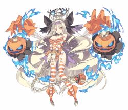 Rule 34 | 1girl, big hair, blade (galaxist), blonde hair, breasts, chain, cleavage, crown, fire, full body, garter straps, hair ornament, jack-o&#039;-lantern, jack-o&#039;-lantern (million arthur), large breasts, long hair, looking at viewer, million arthur (series), official art, orange eyes, simple background, solo, striped clothes, striped legwear, striped thighhighs, thighhighs, v arms, very long hair, white background