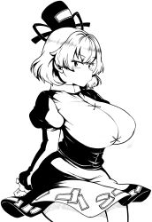 Rule 34 | 1girl, absurdres, black ribbon, breasts, cross-laced clothes, dress, frilled dress, frilled sleeves, frills, greyscale, hat, hat ribbon, highres, himajin noizu, juliet sleeves, large breasts, long sleeves, medium hair, monochrome, ofuda, ofuda on clothes, puffy sleeves, ribbon, soga no tojiko, solo, tate eboshi, touhou