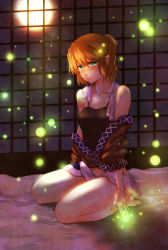 Rule 34 | 1girl, bare legs, bare shoulders, barefoot, bed, blonde hair, blush, bug, face, female focus, firefly, glowing, glowing eyes, green eyes, highres, insect, jealous, light particles, lips, mizuhashi parsee, no pants, off shoulder, pointy ears, pout, short hair, solo, tears, touhou, towel, wet, yosaku (roach)