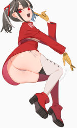 Rule 34 | 1girl, ass, asymmetrical legwear, beijuu, beni-chan (beijuu), black hair, gloves, high heels, long sleeves, looking at viewer, mismatched legwear, multicolored hair, open mouth, original, panties, red eyes, red thighhighs, shoes, simple background, solo, streaked hair, thighhighs, twintails, underwear, white background, white hair, white panties, white thighhighs, yellow gloves