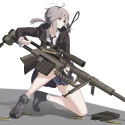 Rule 34 | 1girl, black necktie, blue skirt, bolt action, brown jacket, cartridge, cheytac m200, closed mouth, girls&#039; frontline, grey eyes, grey footwear, grey hair, gun, highres, holding, holding weapon, jacket, long hair, looking away, m200 (girls&#039; frontline), necktie, open clothes, open jacket, rifle, rifle cartridge, rynn (rynn cube), shirt, shoes, skirt, sneakers, sniper rifle, socks, solo, weapon, white background, white shirt