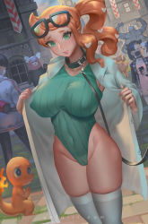 Rule 34 | adapted costume, belt collar, bewear, breasts, buttons, charmander, city, coat, collar, covered erect nipples, creatures (company), dutch angle, eevee, eyewear on head, feet out of frame, flame-tipped tail, game freak, gen 1 pokemon, gen 7 pokemon, gen 8 pokemon, green eyes, hair ornament, heart, heart hair ornament, highleg, highleg leotard, lab coat, large breasts, leash, leotard, long hair, looking at viewer, machamp, marnie (pokemon), mask, morpeko, morpeko (full), mouth mask, nintendo, open clothes, open coat, orange hair, outdoors, pokemon, pokemon (creature), pokemon swsh, ribbed leotard, side ponytail, sonia (pokemon), standing, thighhighs, unfairr, viewer holding leash